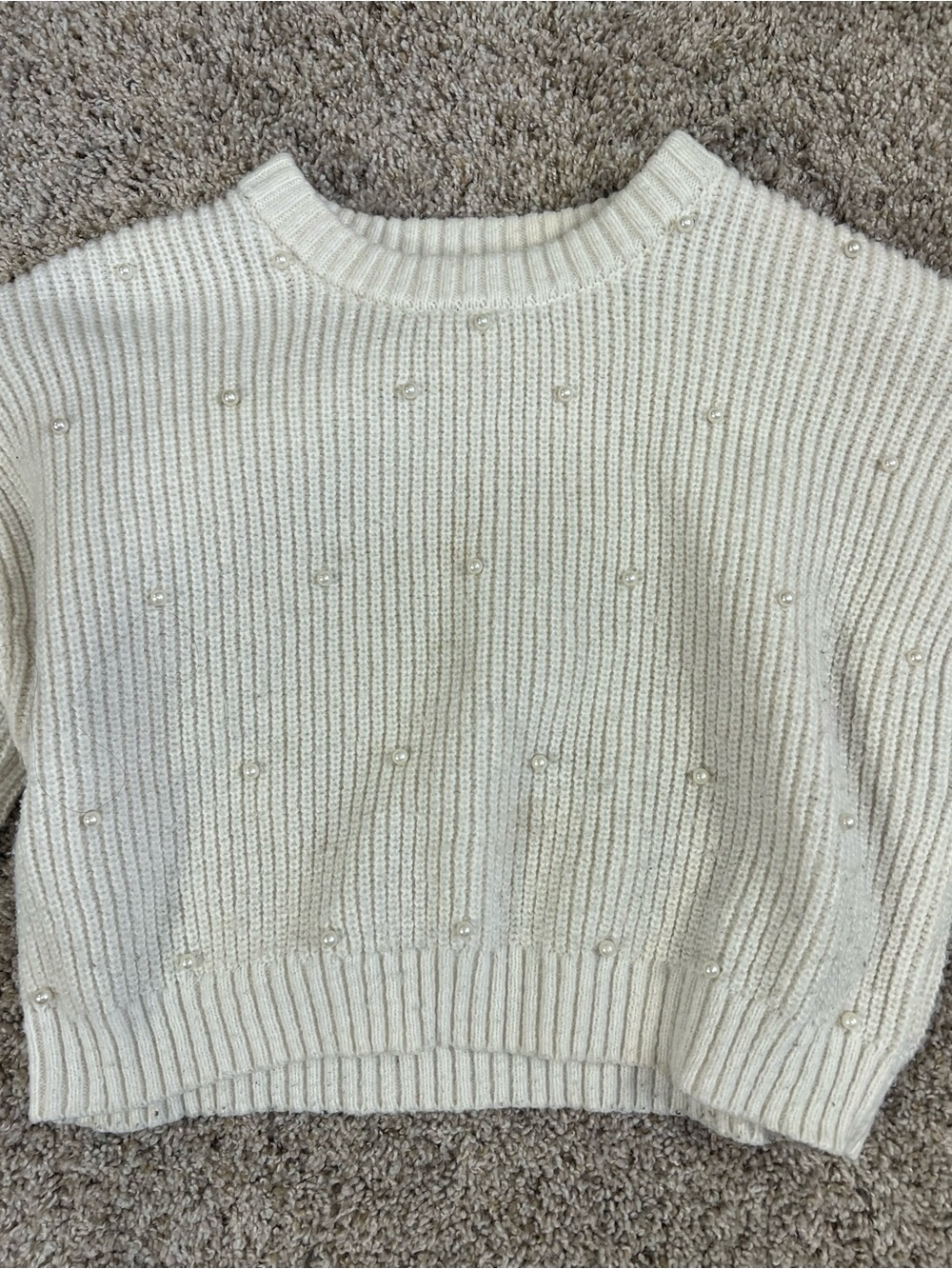 Mable Ribbed Crop Sweater Pearl Embellished Cable Knit Cream Puff Sleeve Small